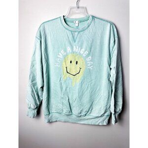 Flirtitude Active Have a Nice Day Smiley Crewneck Sweater Medium Green Womens